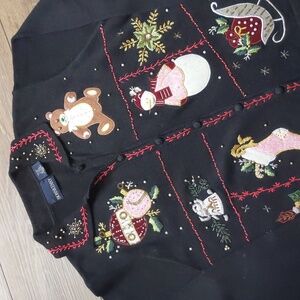 Donnkenny Holiday Christmas Cardigan Sweater -‎ Snowman, Bear, Ornaments - Large